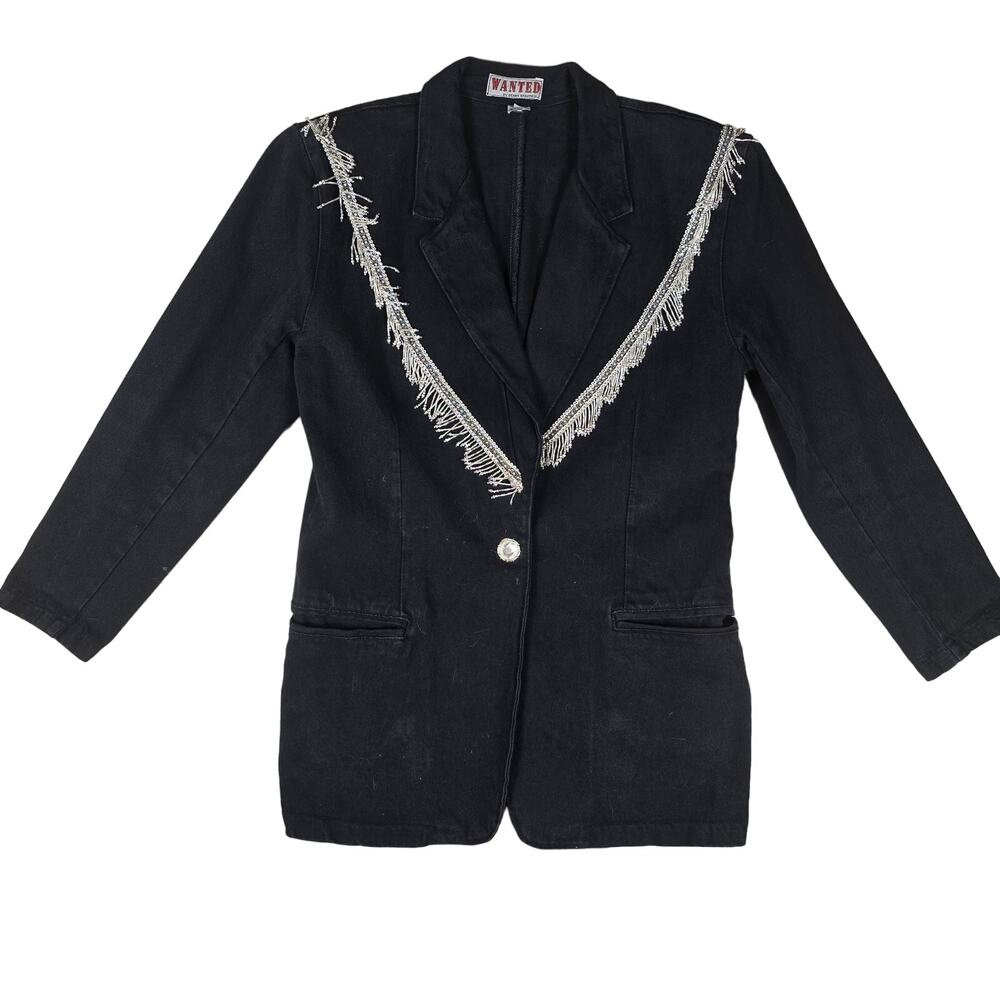 VTG Wanted Western Denim Jacket WIth Beaded Fringe Medium Black
